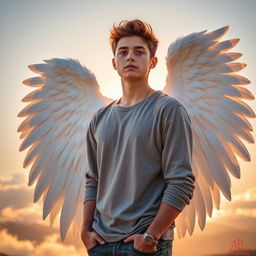 A young man with striking white wings protruding from his back, standing in a serene landscape