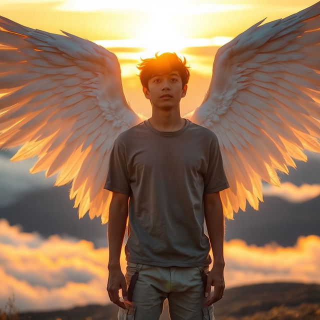 A young man with striking white wings protruding from his back, standing in a serene landscape