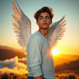 A young man with striking white wings protruding from his back, standing in a serene landscape