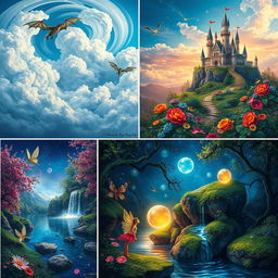 A collection of fantasy imagery that showcases various enchanting scenes, including a magical castle perched on a cliff surrounded by swirling clouds, a lush enchanted forest with mythical creatures peeking out from behind colorful foliage, and a serene lake reflecting the starry night sky with glowing magical orbs floating above the water