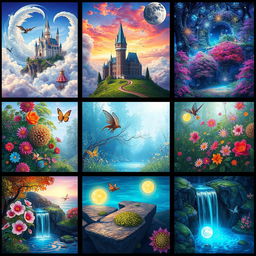 A collection of fantasy imagery that showcases various enchanting scenes, including a magical castle perched on a cliff surrounded by swirling clouds, a lush enchanted forest with mythical creatures peeking out from behind colorful foliage, and a serene lake reflecting the starry night sky with glowing magical orbs floating above the water