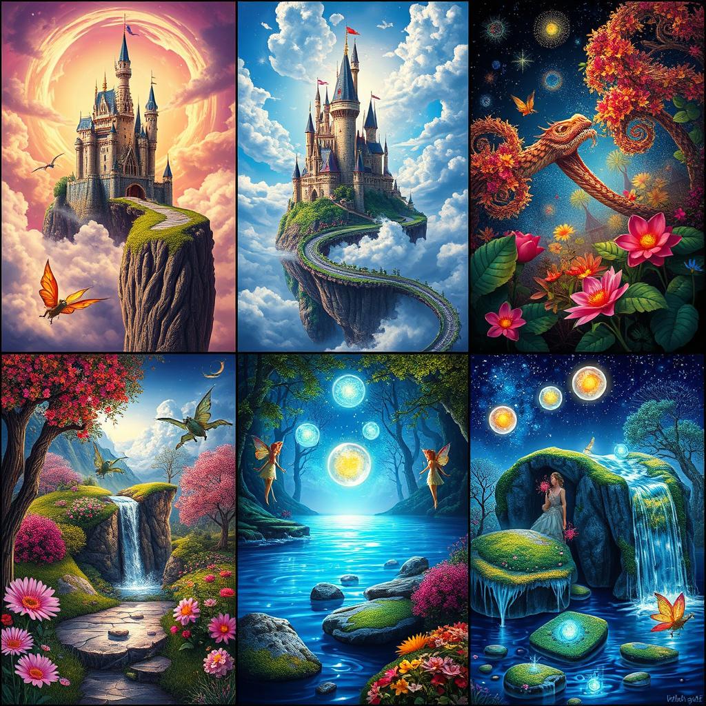 A collection of fantasy imagery that showcases various enchanting scenes, including a magical castle perched on a cliff surrounded by swirling clouds, a lush enchanted forest with mythical creatures peeking out from behind colorful foliage, and a serene lake reflecting the starry night sky with glowing magical orbs floating above the water