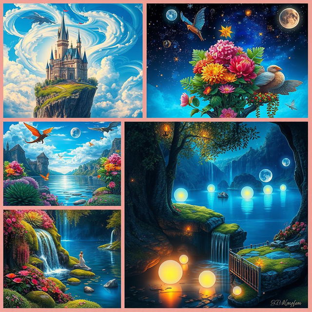 A collection of fantasy imagery that showcases various enchanting scenes, including a magical castle perched on a cliff surrounded by swirling clouds, a lush enchanted forest with mythical creatures peeking out from behind colorful foliage, and a serene lake reflecting the starry night sky with glowing magical orbs floating above the water