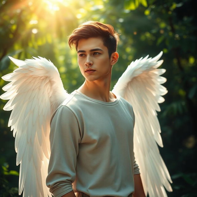 A young man with striking features has large, ethereal white wings gracefully extending from his back