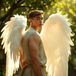 A young man with striking features has large, ethereal white wings gracefully extending from his back