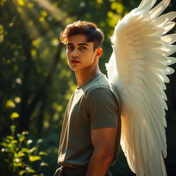 A young man with striking features has large, ethereal white wings gracefully extending from his back