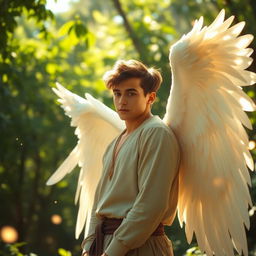 A young man with striking features has large, ethereal white wings gracefully extending from his back