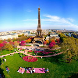 A breathtaking panorama showcasing the grandeur of the Eiffel Tower in Paris, surrounded by vibrant spring flowers in full bloom under a clear blue sky, with people enjoying a picnic on the lush green lawns