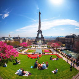 A breathtaking panorama showcasing the grandeur of the Eiffel Tower in Paris, surrounded by vibrant spring flowers in full bloom under a clear blue sky, with people enjoying a picnic on the lush green lawns