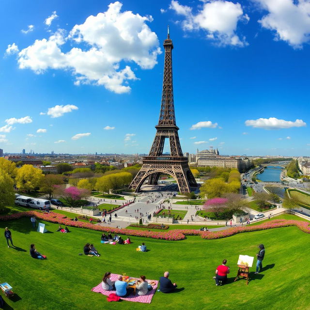 A breathtaking panorama showcasing the grandeur of the Eiffel Tower in Paris, surrounded by vibrant spring flowers in full bloom under a clear blue sky, with people enjoying a picnic on the lush green lawns