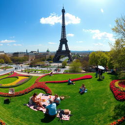 A breathtaking panorama showcasing the grandeur of the Eiffel Tower in Paris, surrounded by vibrant spring flowers in full bloom under a clear blue sky, with people enjoying a picnic on the lush green lawns