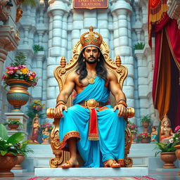 A majestic towering palace built of white stones, richly decorated with plants and flowers, featuring a big vase of colorful flowers, sculpted idols, colorful curtains, and a majestic throne with antique designs