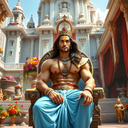 A majestic towering palace built of white stones, richly decorated with plants and flowers, featuring a big vase of colorful flowers, sculpted idols, colorful curtains, and a majestic throne with antique designs