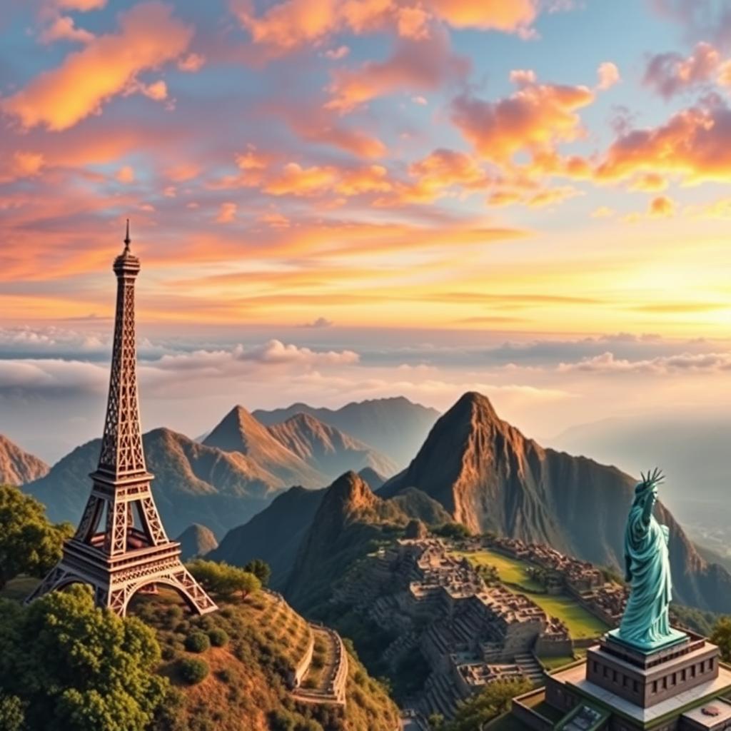 A breathtaking panorama featuring some of the world's most iconic sightseeing locations, including the Eiffel Tower in Paris, the Great Wall of China, the Pyramids of Giza in Egypt, Machu Picchu in Peru, and the Statue of Liberty in New York City