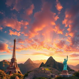 A breathtaking panorama featuring some of the world's most iconic sightseeing locations, including the Eiffel Tower in Paris, the Great Wall of China, the Pyramids of Giza in Egypt, Machu Picchu in Peru, and the Statue of Liberty in New York City