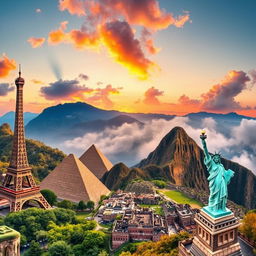 A breathtaking panorama featuring some of the world's most iconic sightseeing locations, including the Eiffel Tower in Paris, the Great Wall of China, the Pyramids of Giza in Egypt, Machu Picchu in Peru, and the Statue of Liberty in New York City