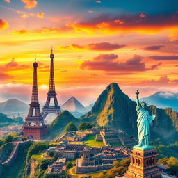A breathtaking panorama featuring some of the world's most iconic sightseeing locations, including the Eiffel Tower in Paris, the Great Wall of China, the Pyramids of Giza in Egypt, Machu Picchu in Peru, and the Statue of Liberty in New York City