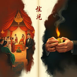 An artistic split-page illustration reflecting the theme of hypocrisy and societal pressure in the context of marriage