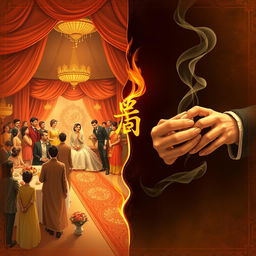 An artistic split-page illustration reflecting the theme of hypocrisy and societal pressure in the context of marriage