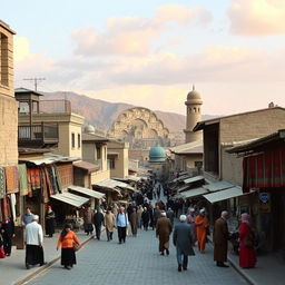 A nostalgic view of the city of Zanjan Koocheshaki in the year 1355 (1976), showcasing traditional Persian architecture, busy bazaars, and people dressed in the fashion of the era