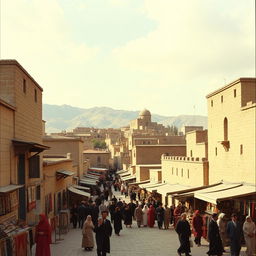 A nostalgic view of the city of Zanjan Koocheshaki in the year 1355 (1976), showcasing traditional Persian architecture, busy bazaars, and people dressed in the fashion of the era