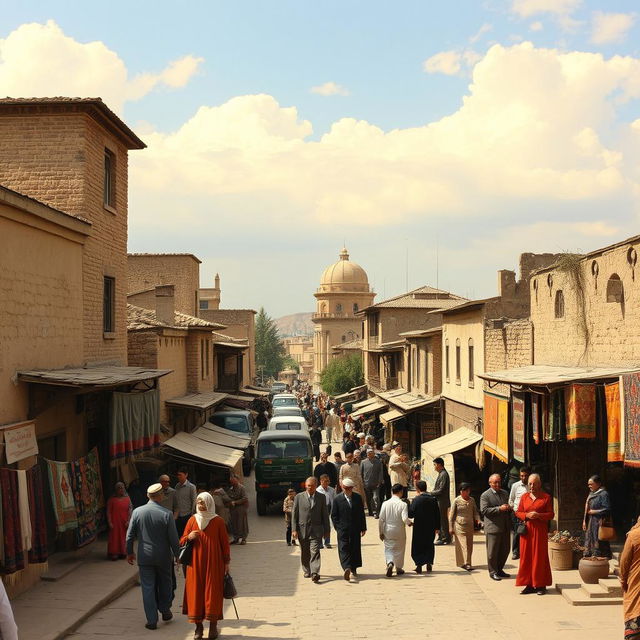 A nostalgic view of the city of Zanjan Koocheshaki in the year 1355 (1976), showcasing traditional Persian architecture, busy bazaars, and people dressed in the fashion of the era