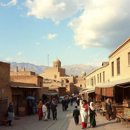 A nostalgic view of the city of Zanjan Koocheshaki in the year 1355 (1976), showcasing traditional Persian architecture, busy bazaars, and people dressed in the fashion of the era