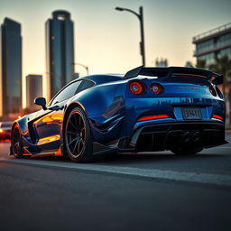 A stunning sports car featuring an aggressive body kit, showcasing wide fenders, a sleek front bumper with a large air intake, and a striking rear diffuser