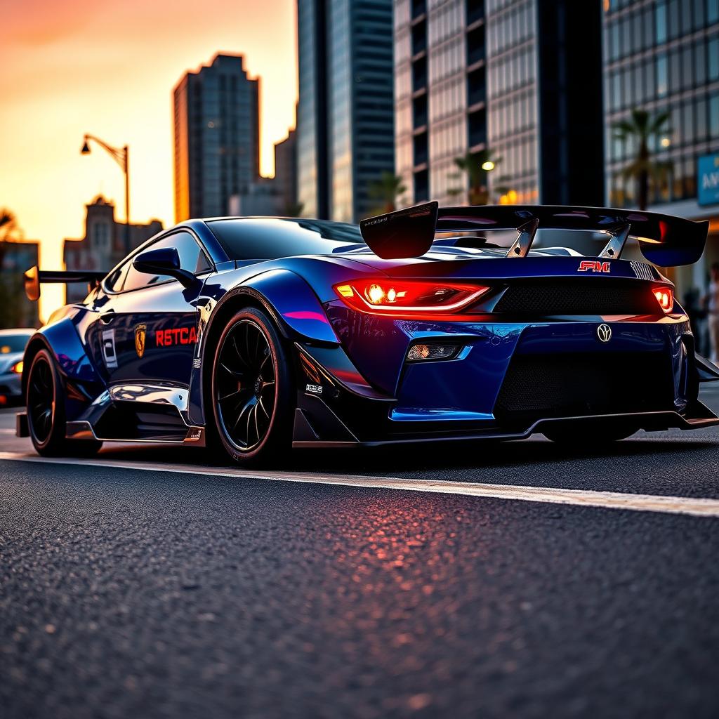 A stunning sports car featuring an aggressive body kit, showcasing wide fenders, a sleek front bumper with a large air intake, and a striking rear diffuser