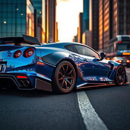 A stunning sports car featuring an aggressive body kit, showcasing wide fenders, a sleek front bumper with a large air intake, and a striking rear diffuser