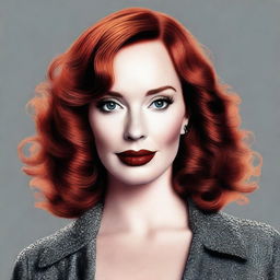 This high-quality digital art image features a woman who bears a striking resemblance to actress Christina Hendricks, but with brunette hair