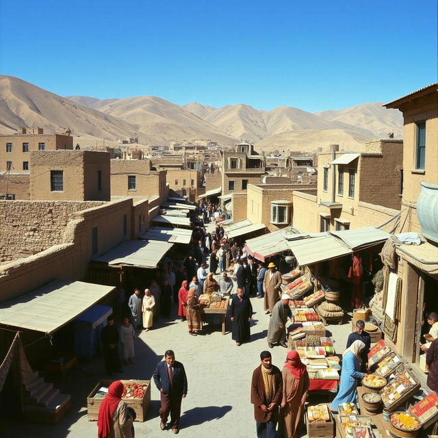 A detailed scene of Zanjan Koocheshaki, Iran, in the year 1355 (1976), capturing the essence of the city during this time