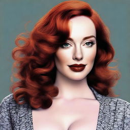 This high-quality digital art image features a woman who bears a striking resemblance to actress Christina Hendricks, but with brunette hair