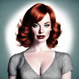 This high-quality digital art image features a woman who bears a striking resemblance to actress Christina Hendricks, but with brunette hair