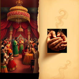 An artistic split-page design reflecting the theme of hypocrisy and societal pressure in the context of an Indian wedding