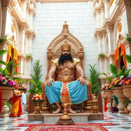 A majestic towering palace court room built of white stones, richly decorated with lush green plants and vibrant flowers
