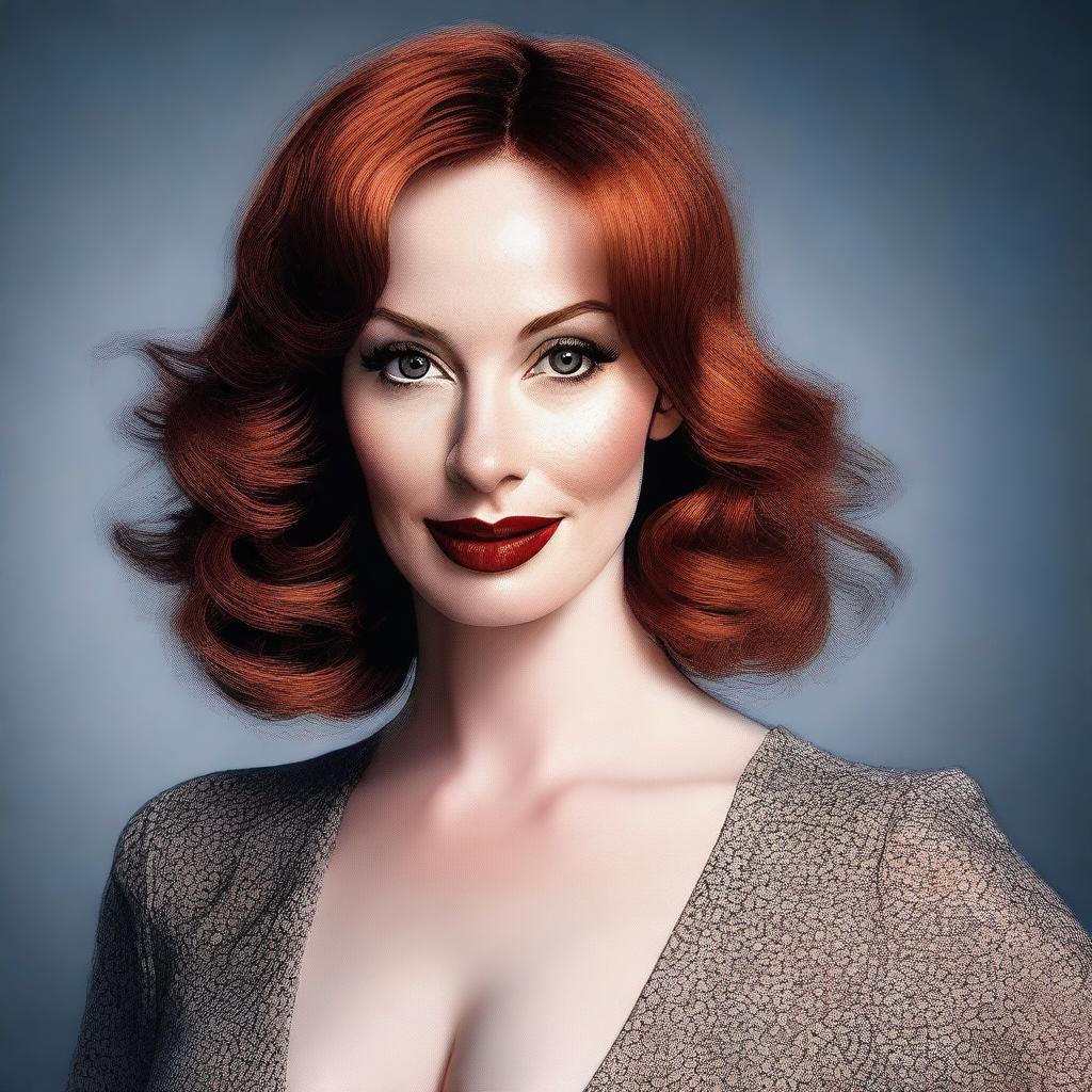 This high-quality digital art image features a woman who bears a striking resemblance to actress Christina Hendricks, but with brunette hair