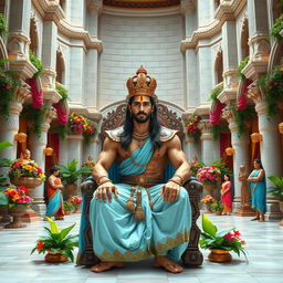 A majestic towering palace court room built of white stones, richly decorated with lush green plants and vibrant flowers
