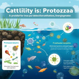An educational illustration showcasing the role of protozoa in controlling pathogenic microorganisms in water
