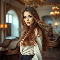 A young female model in an elegant indoor setting, showcasing long, flowing hair