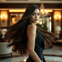 A young female model in an elegant indoor setting, showcasing long, flowing hair