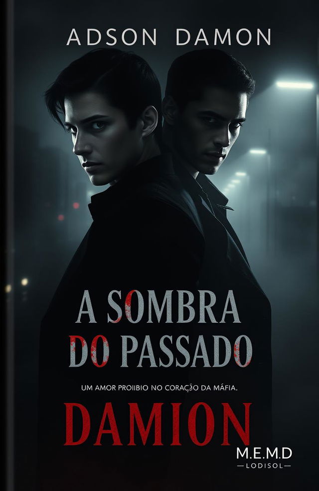 A captivating book cover for 'A Sombra do Passado' set in a night city with misty lights, creating a dark and dangerous atmosphere