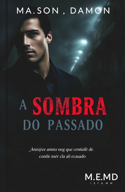 A captivating book cover for 'A Sombra do Passado' set in a night city with misty lights, creating a dark and dangerous atmosphere