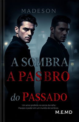 A captivating book cover for 'A Sombra do Passado' set in a night city with misty lights, creating a dark and dangerous atmosphere