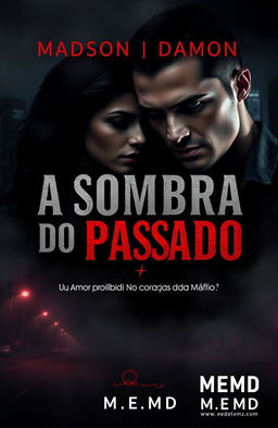 A captivating book cover for 'A Sombra do Passado' set in a night city with misty lights, creating a dark and dangerous atmosphere
