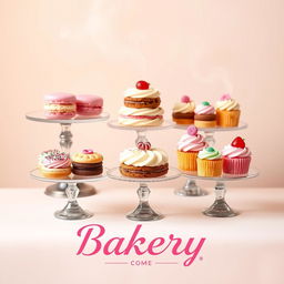 A beautifully arranged display of assorted desserts for a bakery logo, including a variety of colorful pastries like macarons, éclairs, and cupcakes, each with intricate icing and toppings