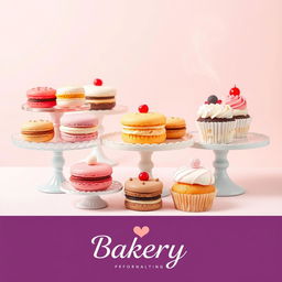 A beautifully arranged display of assorted desserts for a bakery logo, including a variety of colorful pastries like macarons, éclairs, and cupcakes, each with intricate icing and toppings