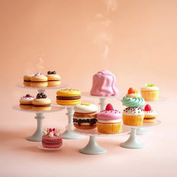 A beautifully arranged display of assorted desserts for a bakery logo, including a variety of colorful pastries like macarons, éclairs, and cupcakes, each with intricate icing and toppings