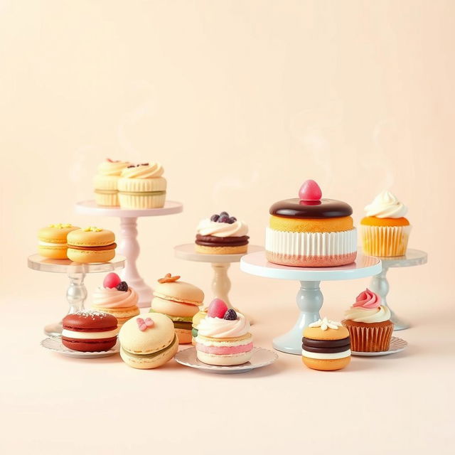 A beautifully arranged display of assorted desserts for a bakery logo, including a variety of colorful pastries like macarons, éclairs, and cupcakes, each with intricate icing and toppings