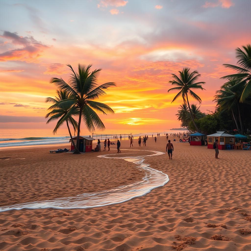 A stunning view of Kuta Beach in Bali, Indonesia, showcasing golden sands with gentle waves lapping at the shore, palm trees swaying in the background, and vibrant sunsets casting an orange and pink glow across the sky